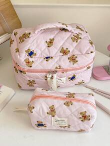 1 PC Pink Striped Bear Make Up Bag,Halloween,Trick Or Treat,Fashionable And Casual Large Capacity Portable Zipper Makeup Bags,Travel Storage Stationery Storage,Vacation Essentials Cosmetic Bags For Pouch Pads,Wired Earphones,Earpods,Headphones,Charger,Lipsticks,Cosmetics,Perfume,Skin Care And Beauty Products,Home Decor,For Mom,Women,Nurses,Students,School Girls,Keys,Holiday Gifts