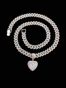 1 mặt dây chuyền hình trái tim Cubic Zirconia & dây chuyền xích 9mm, dây chuyền mặt dây chuyền phong cách Hip Hop dành cho nữ, dây chuyền mặt dây chuyền hình trái tim cổ điển thời trang, thích hợp để đeo hàng ngày hoặc dự tiệc, quà tặng ngày lễ tình nhân - Bạc - Xem 5
