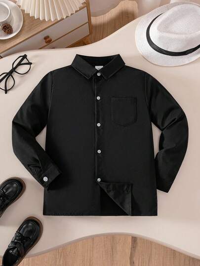 Boys & Kids Classic Black Pocket Long Sleeve Shirt, Formal Attire Suitable For Casual Gatherings, Ring Bearer, Various Formal Occasions