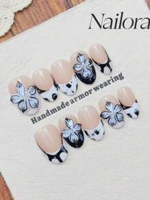 10 件/套黑白指甲法式指甲手绘圆点赫拉特 3D 雕刻花朵图案指甲小珍珠宝石和饰物指甲，椭圆形按压指甲短全覆盖手工指甲片，极简主义简约优雅风格按压指甲手工可穿戴假指甲，日常美甲 DIY 夏季指甲作为礼物适合女性和女孩美甲指甲用品