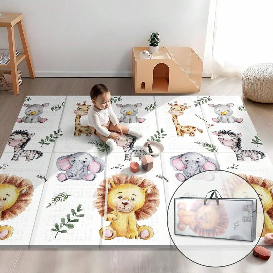 79x71 Foldable Baby Play Mat For Floor, Extra Large Tummy Time And Crawling Playmat, Thick Foam Play Mat For Baby, Reversible Portable Babies Floor Mats For Infant, Toddler - con sư tử - Xem 1
