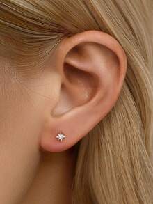 1 chiếc khuyên tai hình ngôi sao bát giác mạ vàng 18K nhẹ, khuyên tai hình ngôi sao bằng bạc sterling 925 không gây dị ứng, khuyên tai dạng phẳng, khuyên tai sụn, khuyên mũi, thích hợp cho nữ giới đeo hàng ngày (Bán lẻ từng chiếc) - Hoa tai hình ngôi sao tám cánh - Xem 6