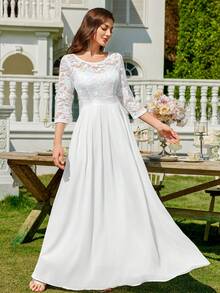 MIUSOL 优雅亮片花卉蕾丝七分袖褶裥雪纺正式派对长裙，正式晚礼服，适合婚礼宾客、毕业典礼、宴会及其他场合，白色春季款 - 白色 - 查看 6