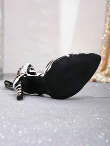 Giày cao gót nữ chấm bi buộc dây, thoải mái, thoáng khí, thời trang, đa năng, giày dự tiệc, giày cao gót đế xuồng mũi vuông gót mỏng buộc nơ kiểu dáng mùa hè 2025 mới, giày cao gót đế platform cho nữ - Đen và trắng - Xem 6