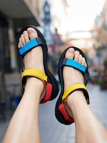 Men's Casual Fabric Sandals, Anti-Skid Hook & Loop Fastener Summer Beach Sandals For Outdoor Walking
