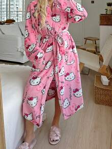 Sanrio 1pc Hello Kitty Plush Fluffy Robe For Women, Cute & Elegant, Warm & Comfortable, Suitable For Autumn/Winter, Fall, Cozy Outfits