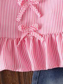 2pcs Baby Girl Fashion Cute Floral Ruffle Decor Multi Bow Accent Striped Collar Casual Long Sleeve Shirt Blouse & Butterfly Embellished Fringe Waistband Jeans Pants Set - Pink - View 6