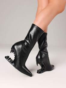 Women's Y2K Metallic Teeth Ankle Boots Fashion Pointed Toe Wedges Sculptural High Heels Slip On Party Sexy Boots Woman - 黑色 - 查看 5