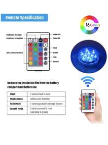 Set de 4 piezas/2 piezas/1 pieza. Juego de luces LED multicolor subacuáticas para verano, equipado con control remoto, incluye luces RGB multicolor, funciona con batería, apto para decoraciones de fiestas interiores y exteriores, bases de jarrones, spas, acuarios, estanques, jacuzzis, adornos, decoraciones de festivales, control de botón. Utiliza fuente de luz LED.