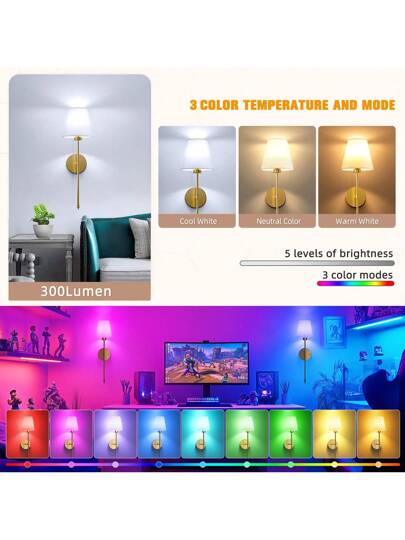 Upgraded No Drill Moderne LED Wand Sconce RGB Rechargeable Bulb Remote Dimming Black/Gold Options Easy Installation Living Room, Bedroom, Study, Dining Room view 9