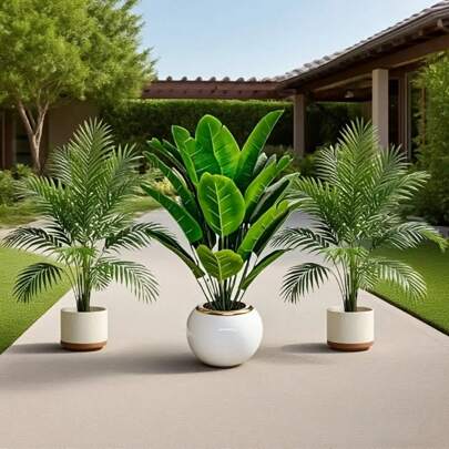 Set de 3 piezas, 36 plantas artificiales de hojas grandes - Adecuadas para uso en exteriores: árboles decorativos de selva tropical, plantas en maceta para interiores/exteriores durante todo el año, decoraciones para bodas y hoteles, estilo de árboles artificiales para jardín y terraza, Día de la Bastilla, Día de los Abuelos, Eid Al-Fitr, Decoraciones del Día de la Independencia, plantas verdes resistentes a los rayos UV, requisitos de bajo mantenimiento