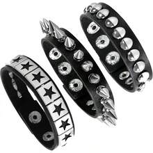 Eigso 3 Pcs Leather Punk Bracelets Men Women Of Rock Rivet Wrap Retro Spike Bracelet Adjustable - 黑色 2 - 查看 1