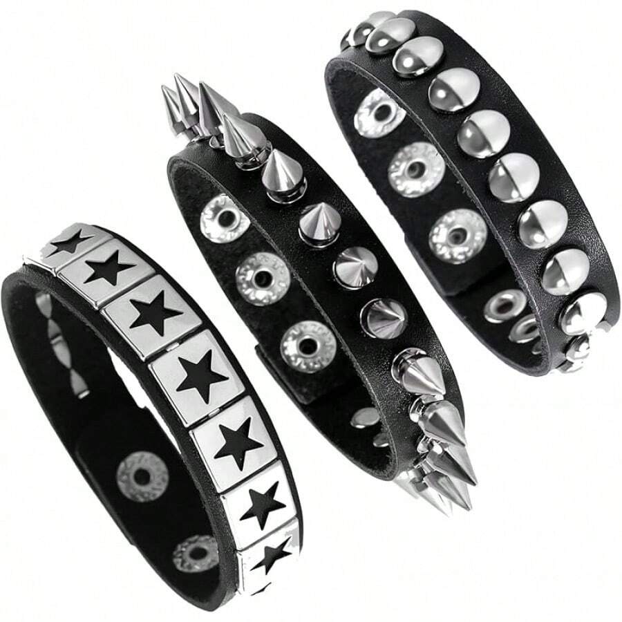 Eigso 3 Pcs Leather Punk Bracelets Men Women Of Rock Rivet Wrap Retro Spike Bracelet Adjustable - 黑色 2 - 查看 1