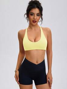 ATTRACO Women's Sports Bra, Deep V-Neck, Criss-Cross Open Back Design, Suitable For Outdoor Sports, Casual Running, Fitness, Pilates And Other Activities Spring - Yellow - View 4