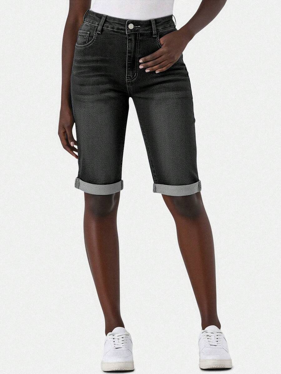 女士休闲水洗修身牛仔短裤，夏季 - 黑色 - 查看 1