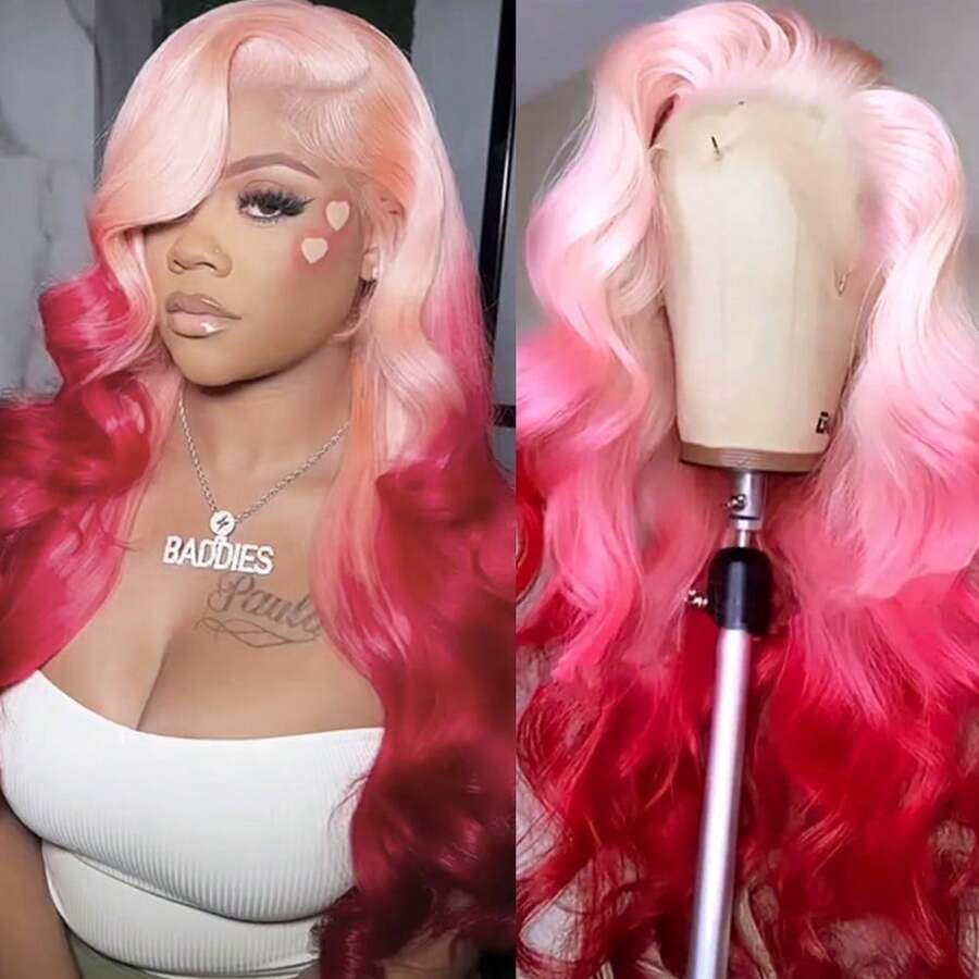 13x4 Free Part HD Lace Front Wig Ombre Purple Color Long Body Wave Synthetic Hair 180% Density Pre-Plucked Glueless Purple Ombre Colored Long Wavy Hair 26 Inch Free Part Soft Natural Look For Women Versatile Styling Options - 漸層紅色 - 查看 1