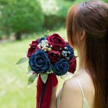 Dusty Blue Wedding Bouquets For Bride Bridesmaid, White Wedding Artificial Roses Flowers For Wedding Bouquets Ceremony, Anniversary - Burgundy & Navy Blue - View 5