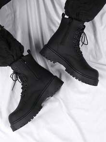 男士新款黑色英伦摩托车靴/工装靴/高帮软皮防水休闲皮靴 - 黑色 - 查看 5