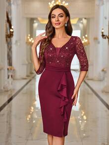 MIUSOL Deep V-Neck Sequin Floral Lace Ruffle Hem Cocktail Party Bodycon Dress - Red - View 4