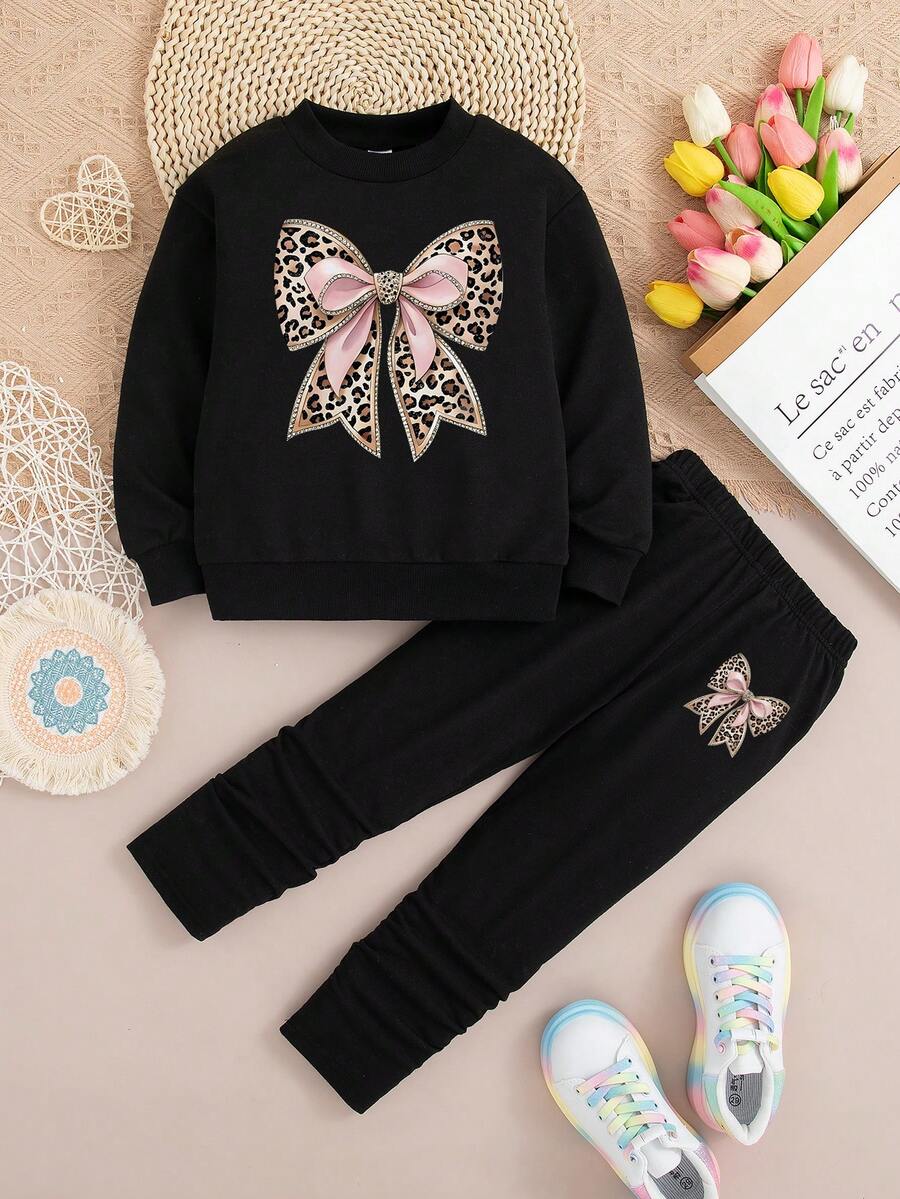 Toddler Bow Graphic Print Crew Neck Sweatshirt And Leggings Set