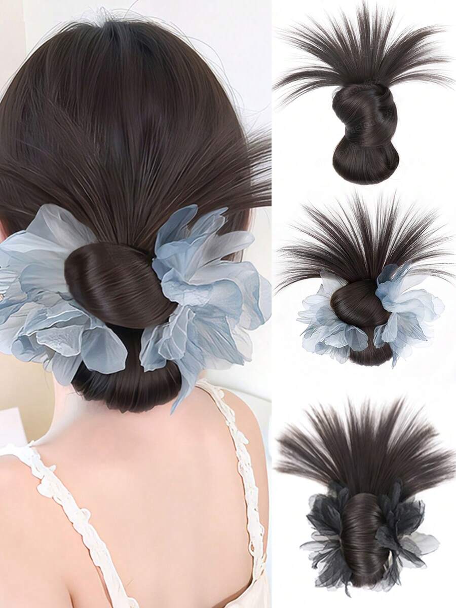 时尚女士蓝花鸡毛发髻，耐热合成发，适合日常发型 - 彩色 - 查看 1