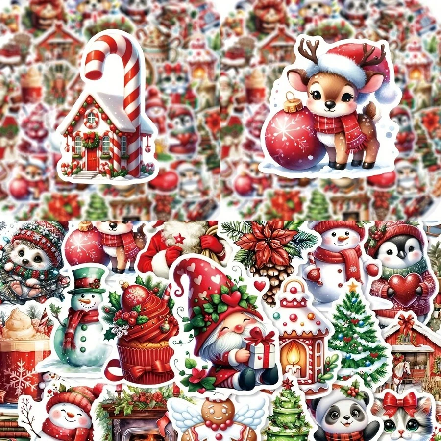 60pcs Christmas Sticker Set, Holiday Themed Decals For Laptops, Books, Instruments, And More - Diverse Festive Patterns, Paper Material