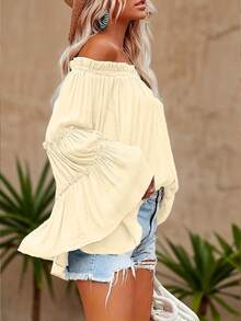 Bluzka damska w jednolitym kolorze z odkrytymi ramionami i rozszerzanymi rękawami, plisowana, w dużych rozmiarach - Morela - Zobacz 4