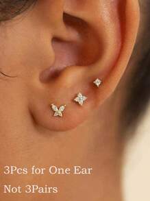 3pcs/Set 18K Gold Plated Transparent Zirconia Four-Leaf Butterfly Stud Earrings, Stackable, Petite & Cute, Suitable For Cartilage, Helix And Other Pierced Ears, Great Gift For Women And Girls - 3Pcs Studs - View 1