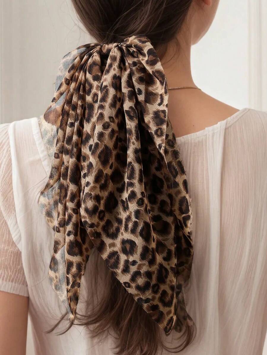 1pc Women's Chiffon Leopard Print Hair Scrunchie With Ribbon, Casual Ponytail Accessory For Beach, Vacation, Photo Shoot, Hair Accessories - Multicolor - View 1