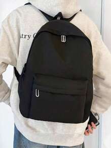 男士时尚休闲背包，大容量，纯色，适合上学、通勤和旅行 尼龙简约笔记本电脑背包 黑色背包 度假书包 户外礼物 情人节礼物 笔记本电脑包 运动生活 夏季 夏季包 春假 男士包 黑色包包 背包 旅行必备品 大包 - 黑色 - 查看 1