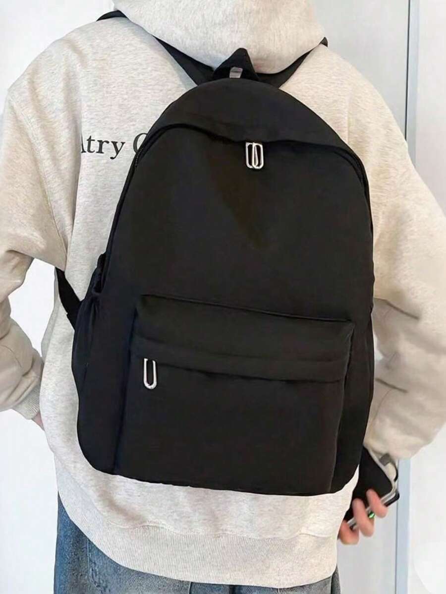 男士时尚休闲背包，大容量，纯色，适合上学、通勤和旅行 尼龙简约笔记本电脑背包 黑色背包 度假书包 户外礼物 情人节礼物 笔记本电脑包 运动生活 夏季 夏季包 春假 男士包 黑色包包 背包 旅行必备品 大包 - 黑色 - 查看 1