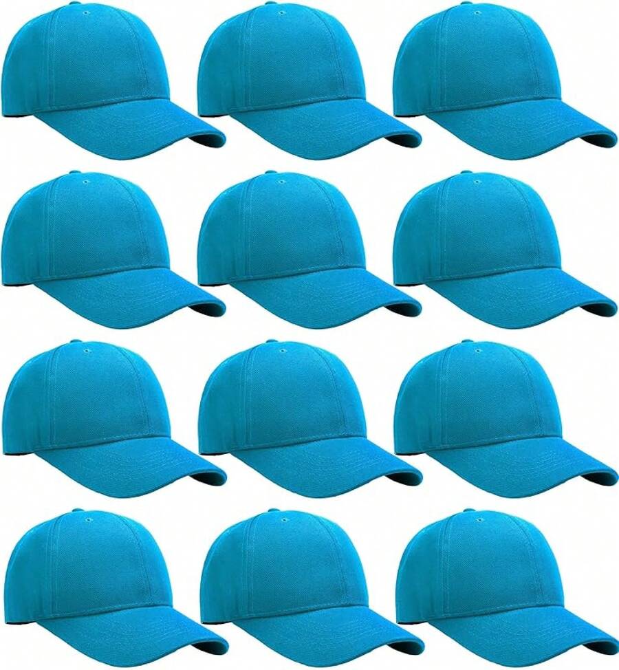 Bulk Lot 12-Pack Adjustable Size Plain Blank Solid Color Baseball Caps - Turquoise - View 1