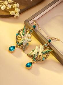 1 Pair Gold-Tone Rhinestone Studded Bird Shaped Earrings, Enamel Coated Vintage Bird Pattern Gemstone Earrings, Luxury Gold-Tone Crystal Bird Earrings - Multicolor - View 7