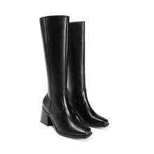 Women's Square Toe Knee High Boots Chunky Heel Side Zipper  Classic Solid Color Fashionable Y2K Party Tall Boots - 黑色 - 查看 10