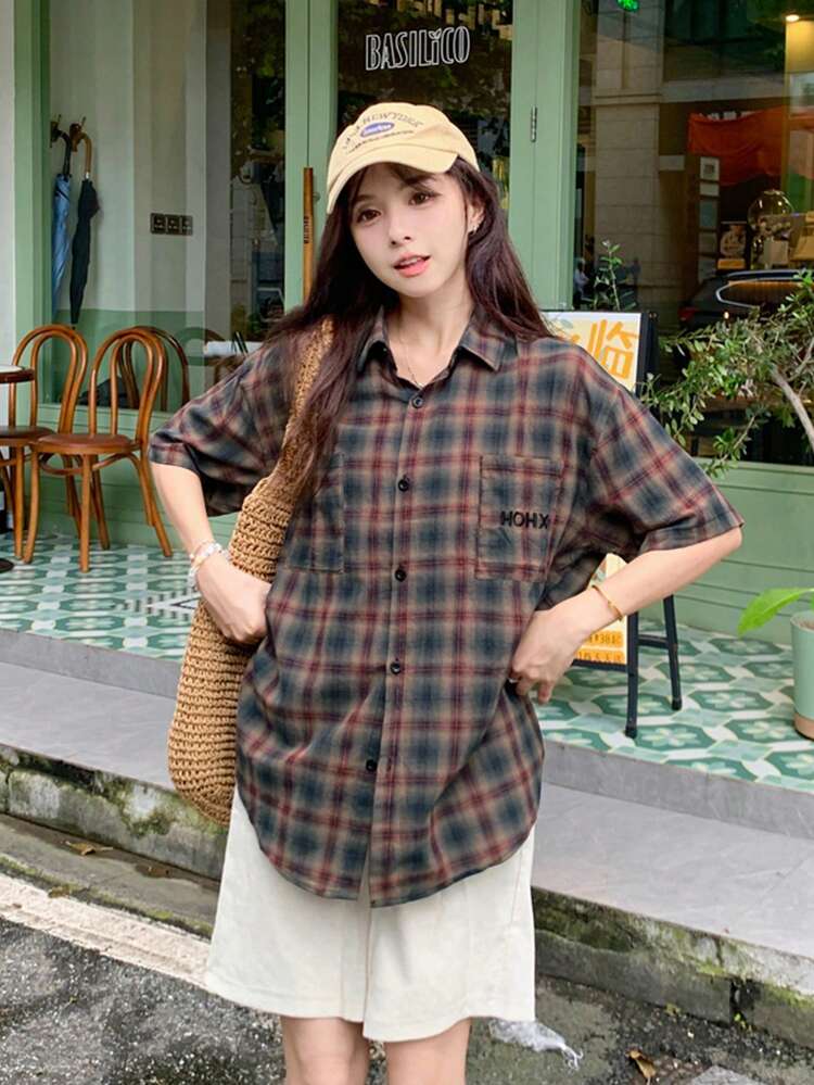 Áo sơ mi nữ tay ngắn cổ polo thêu họa tiết kẻ caro cổ điển, kiểu dáng thường ngày, thích hợp cho mùa thu hè. - Đỏ - Xem 3