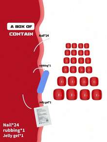 24Pcs Short Square Red Glossy Full Cover Toenail Stickers Set, Suitable For Party, Dance, Daily Wear Press On Nails Nail Supplies Nails - Red - View 3