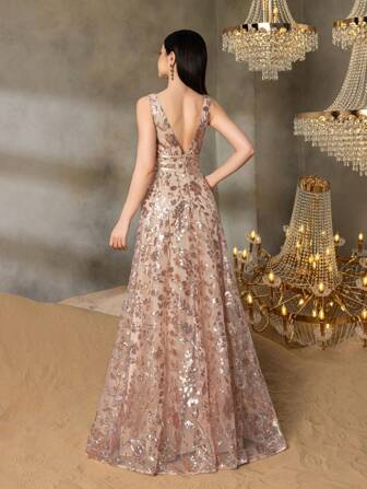 Alisa&Leo Elegant Sleeveless V-Neck A-Line Formal Gown For Teens: Perfect For Galas, Pageants, Black-Tie Dinners & Red Carpet Events - Sophisticated Evening Wear With Floral Patterns For Proms, Debutante Balls, Charity Functions, Award Ceremonies And Luxury Weddings