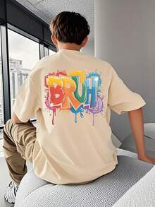 1pc Tween Boy Casual Printed Short Sleeve T-Shirt, Summer Top For Young Students - Apricot - View 3