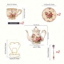 Juego de té de porcelana con rosas vintage, tazas de té con tetera, bandeja de servir y cucharitas, servicio para 4 personas, adecuado para regalos de fiestas de té - Multicolor - Ver 5