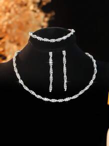 4pcs Full Rhinestone Geometric Exquisite Versatile High-End Necklace, Earring And Bracelet Jewelry Set, Suitable For Women's Daily Commute, Campus Date, Wedding Party, Valentine's Day, Holiday Gift