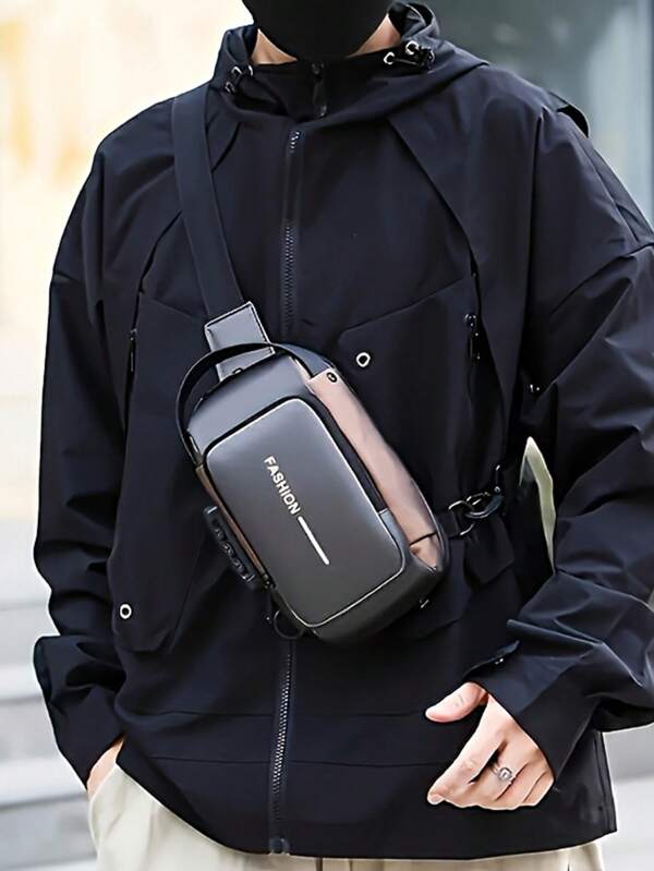 (No USB)Men's Colorblock Crossbody Bag - Fashionable Motorcycle Crossbody Bag, Urban Minimalist Style Men's Large Capacity Crossbody Bag With Cell Phone Pocket And Zipper Closure, Suitable For Daily Commuting, Anti-Theft Chest Backpack, Motorcycle Bag, Gift For Family And Friends.