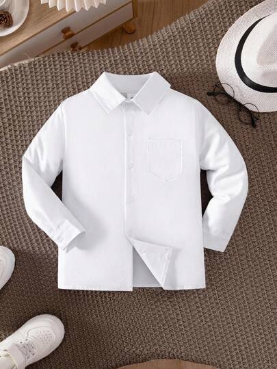 Tween Boy Classic College Style Pocket-Fronted Long Sleeve White Formal Dress Shirt For Casual Gatherings