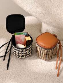 Houndstooth Soft Leather Earphone Pouch Mini Chic Zipper Coin Purse Bucket Lipstick Makeup Bag Multi-Function Handheld Small Bag - Multicolor - View 1