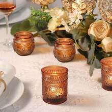 12pcs Vintage Nordic Style Sunflower Glass Candle Holders, Romantic Atmosphere Tabletop Decor Candle Cups, Suitable For Wedding, Dining Table Decoration