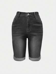 女士休闲水洗修身牛仔短裤，夏季 - 黑色 - 查看 5