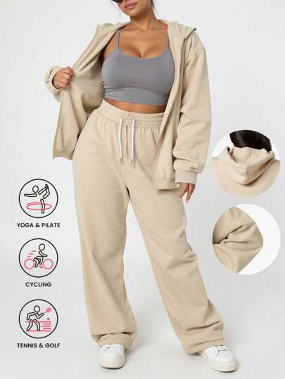Winter Plus Size Women Sports Suit Hoodie Jacket + Loose Sweatpants, Apricot Sports Set Suitable For Sports, Fitness, Outdoor Exercise, Plus Size Sportswear, Gym Outfit, Training Suit