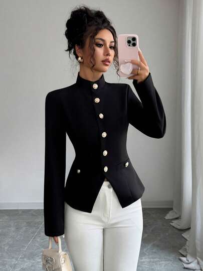 Women's Solid Color Woven Front Button Faux Pocket Casual Commuting Office Elegant Blouse, Suitable For Spring, Autumn And Winter