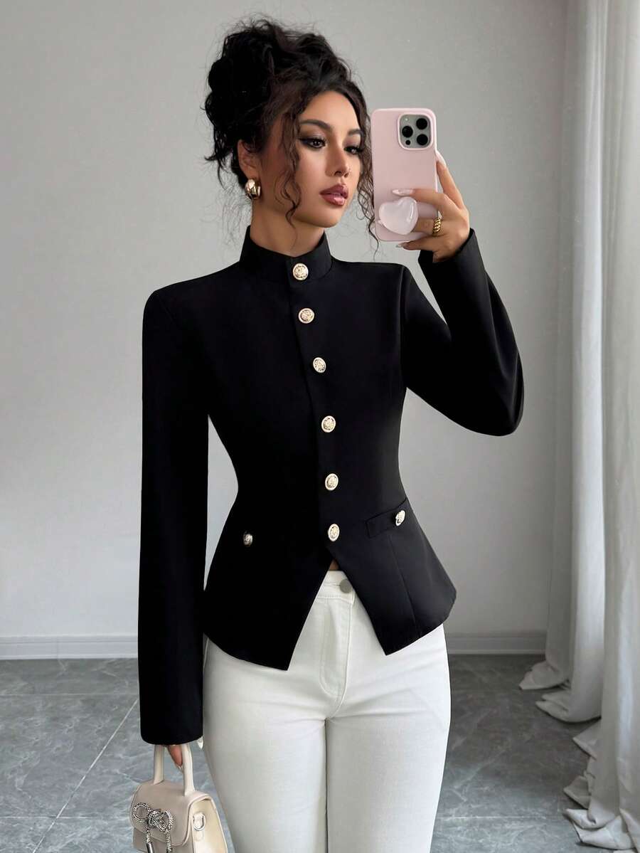 Women's Solid Color Woven Front Button Faux Pocket Casual Commuting Office Elegant Blouse, Suitable For Spring, Autumn And Winter