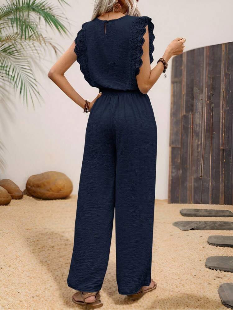 conjunto de 2 piezas Sin Mangas Con Top De Encaje Recortado Y Tela Texturizada Para Mujer - Azul Marino - Añade 2