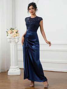 Đầm nữ thanh lịch ren đính sequin, hở lưng, xẻ tà, thích hợp cho Giáng sinh, Năm mới, các ngày lễ, sinh nhật, họp mặt, tiệc tùng, dạ hội, tiệc tối trang trọng, tiệc cocktail, đám cưới, hẹn hò. - Màu xanh hải quân - Xem 2